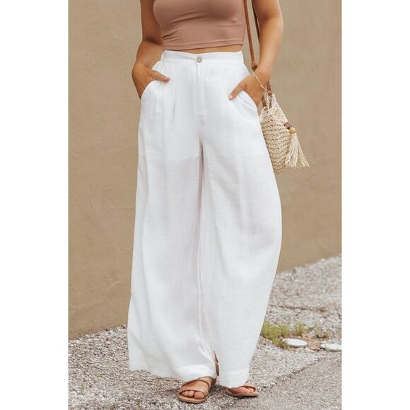 Azura Exchange  White Solid Color Elastic Waist Pleated Wide Leg Pants - Picture 4 of 8